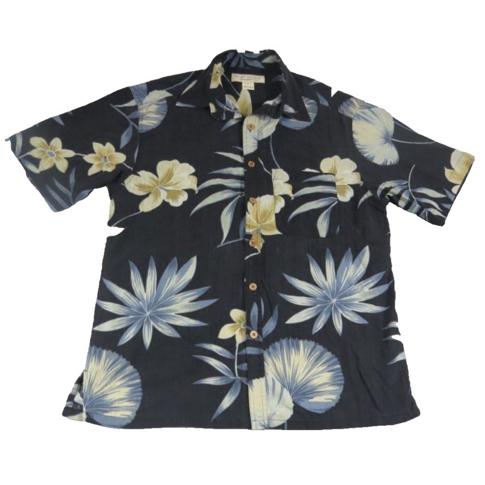 Island Republic Mens M 100% Silk Hawaiian Camp Shirt Floral Black Tropical